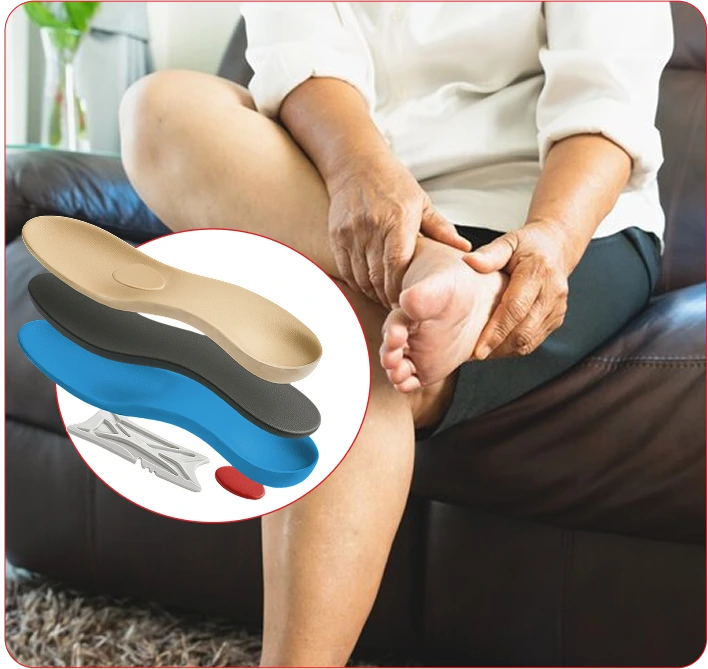 woman on couch grabbing foot with diagram of insole to show the 3 layers