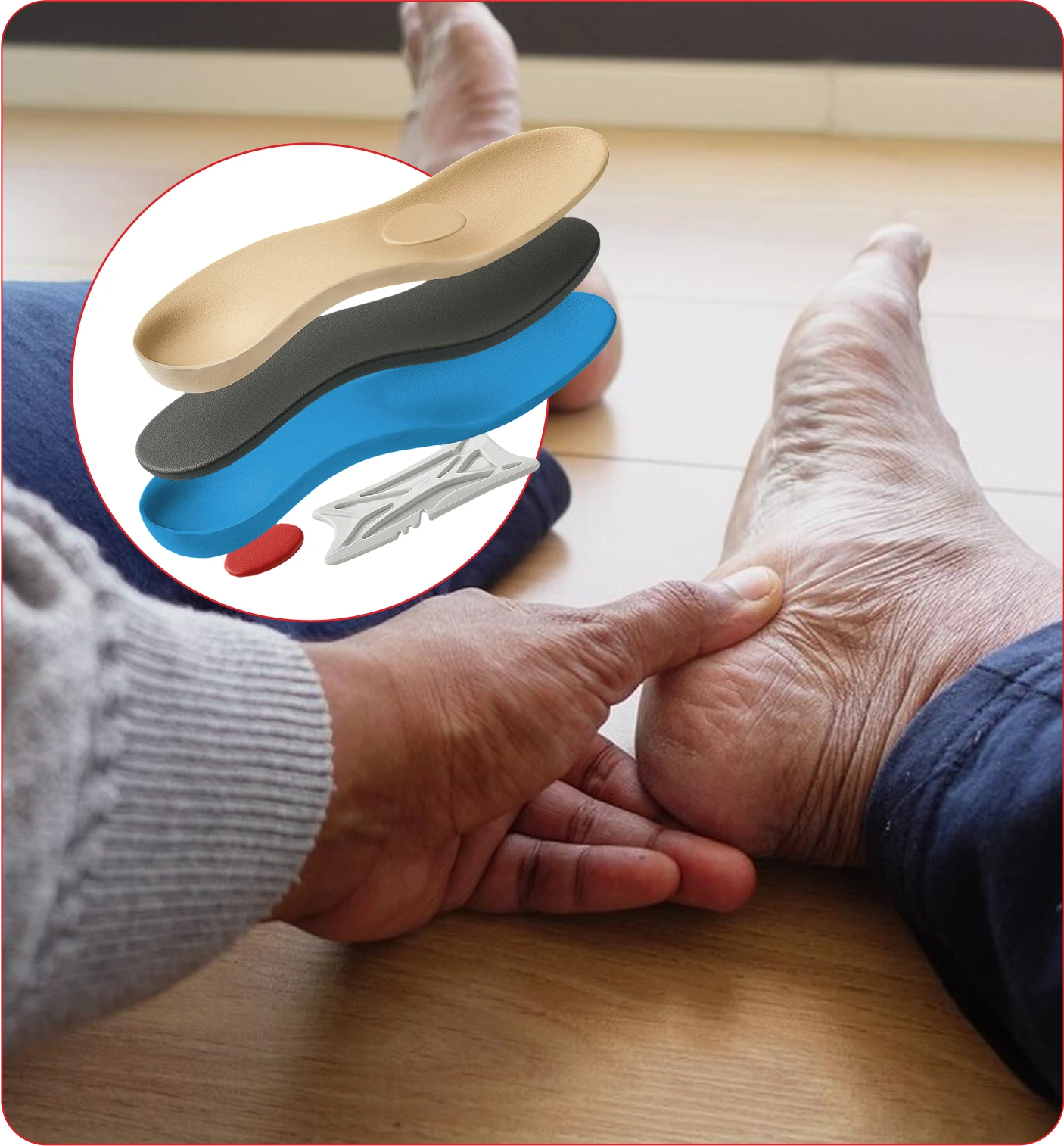 man holding foot with picture of insoles overlayed
